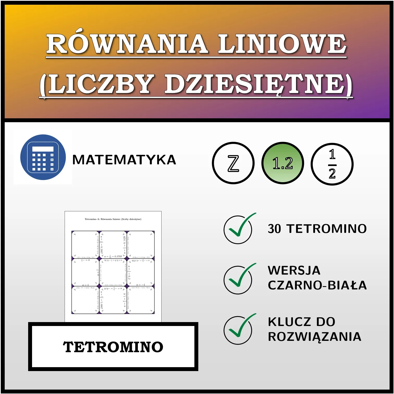 Tetromino: Równania liniowe (liczby dziesiętne)