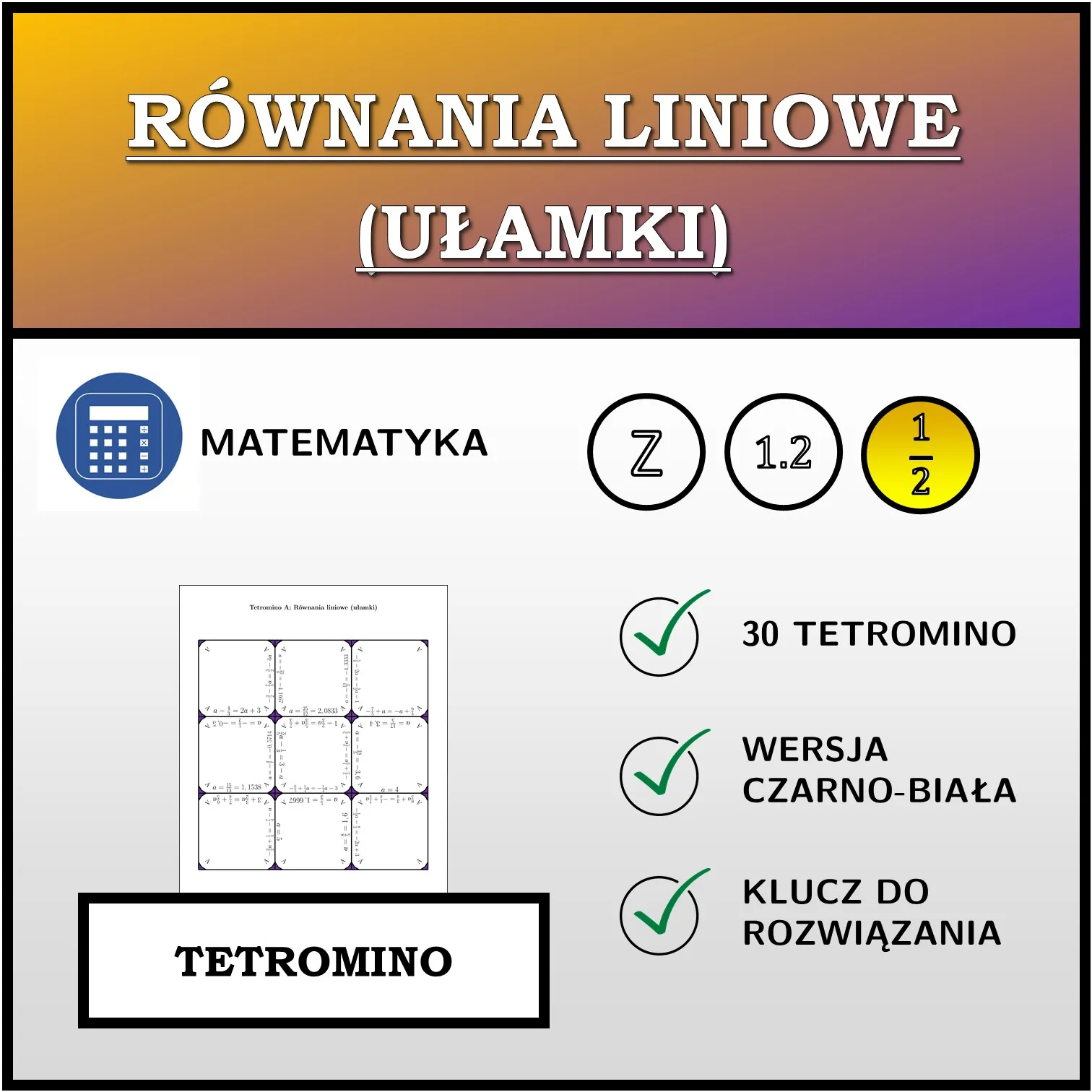 Tetromino: Równania liniowe (ułamki)
