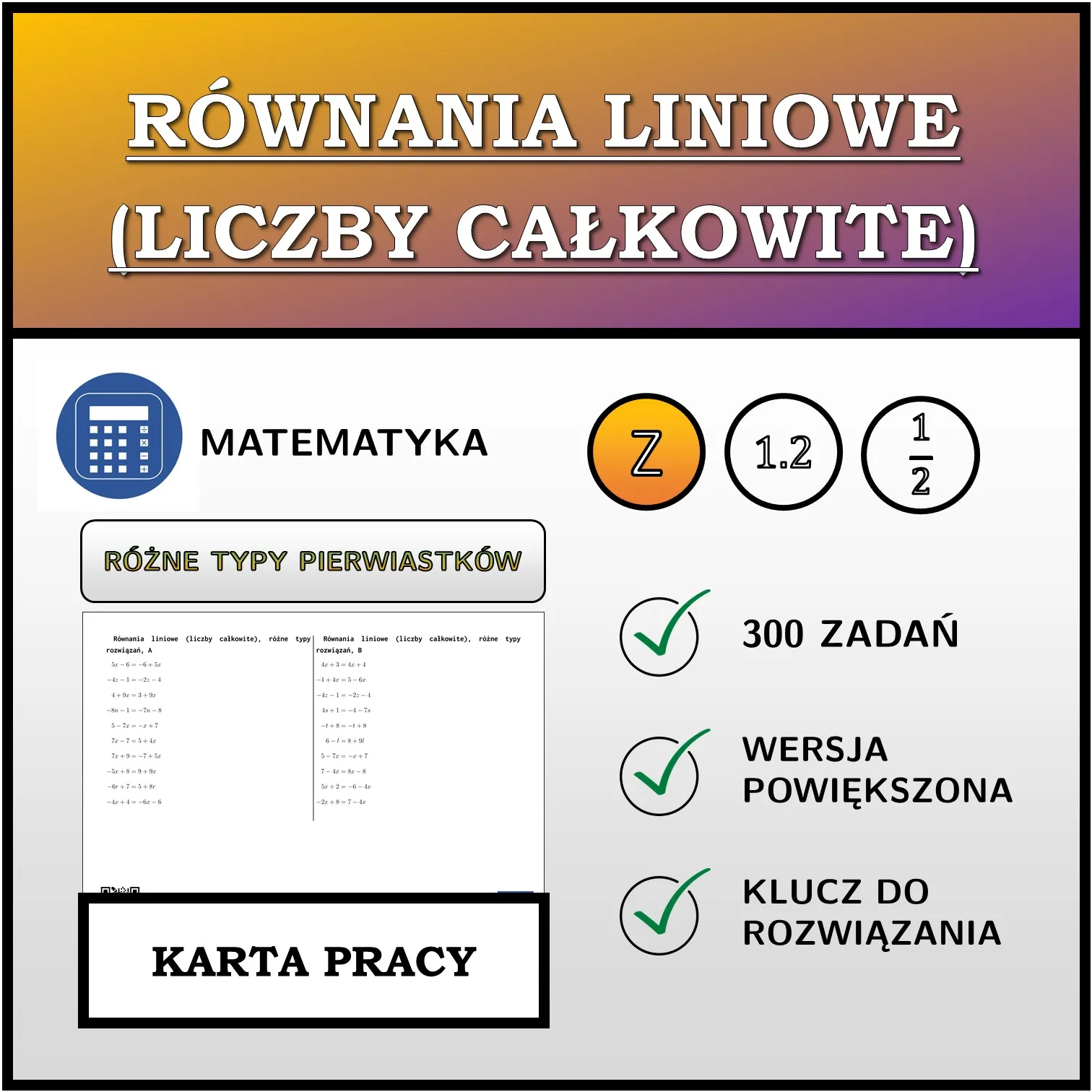 Karta pracy: Równania liniowe (liczby całkowite), różne typy rozwiązań