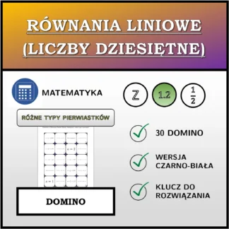 Domino: Równania liniowe (liczby dziesiętne), różne typy rozwiązań