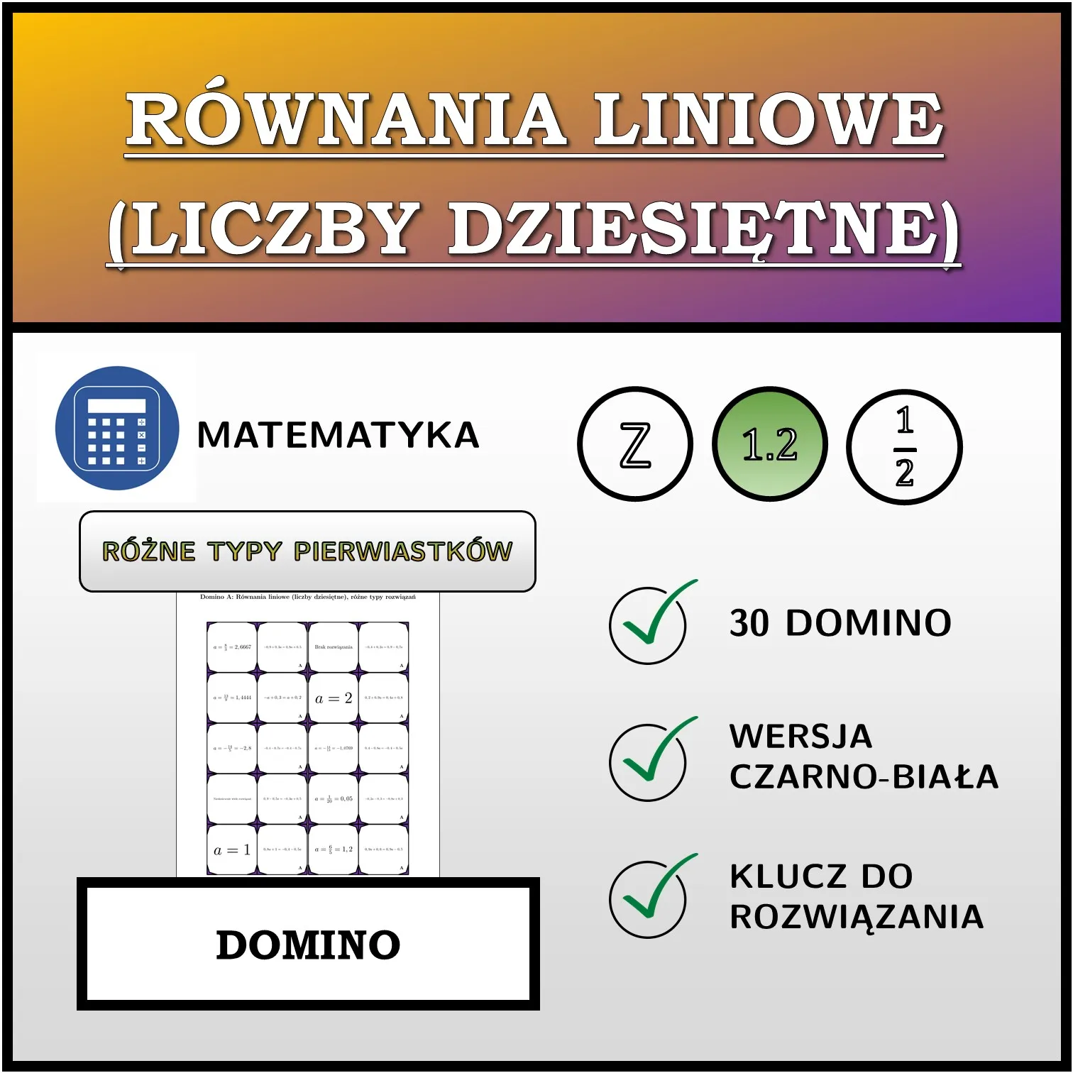 Domino: Równania liniowe (liczby dziesiętne), różne typy rozwiązań
