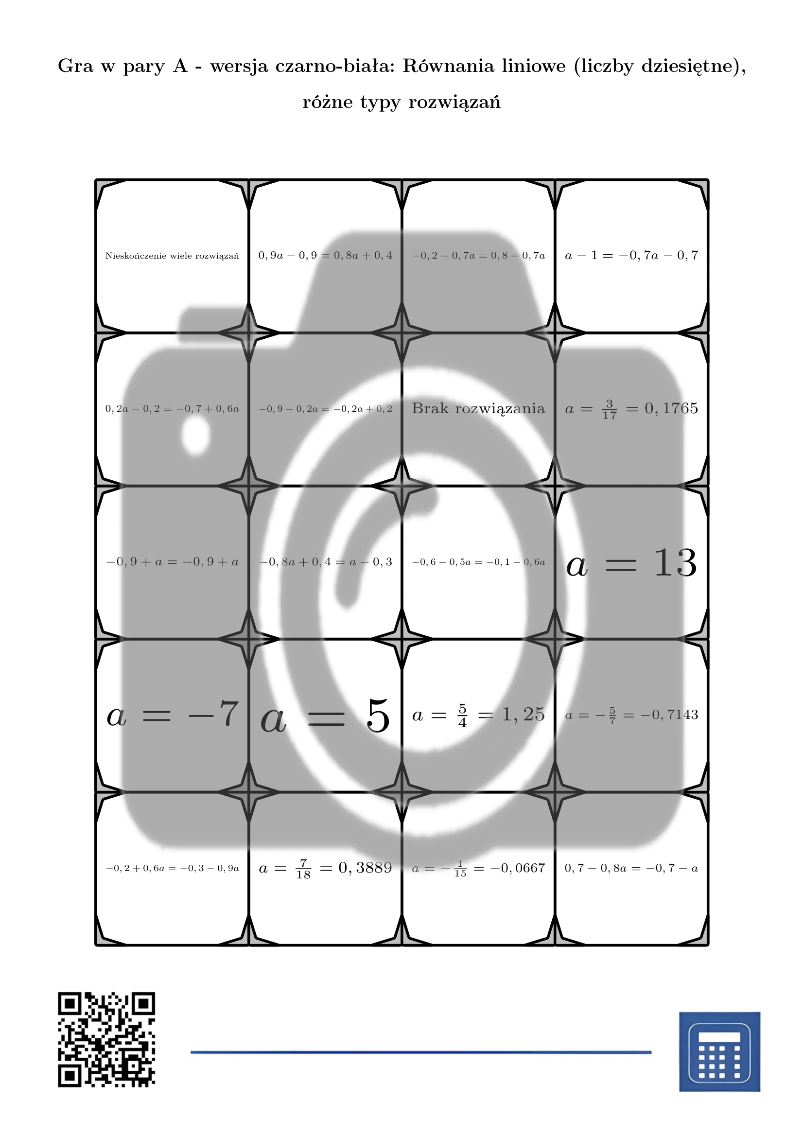 Gra w pary: Równania liniowe (liczby dziesiętne), różne typy rozwiązań - obrazek 3