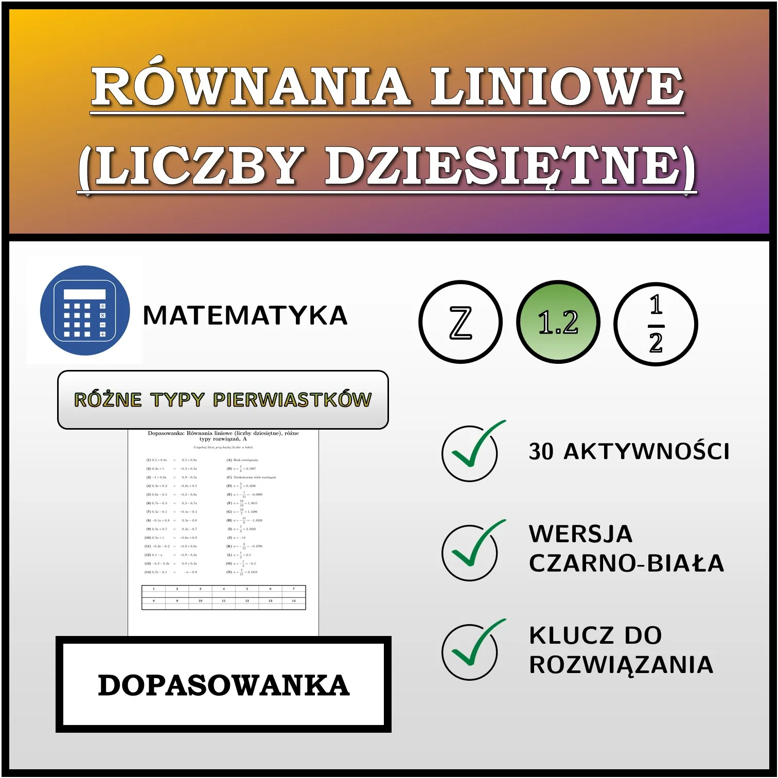 Dopasowanka: Równania liniowe (liczby dziesiętne), różne typy rozwiązań