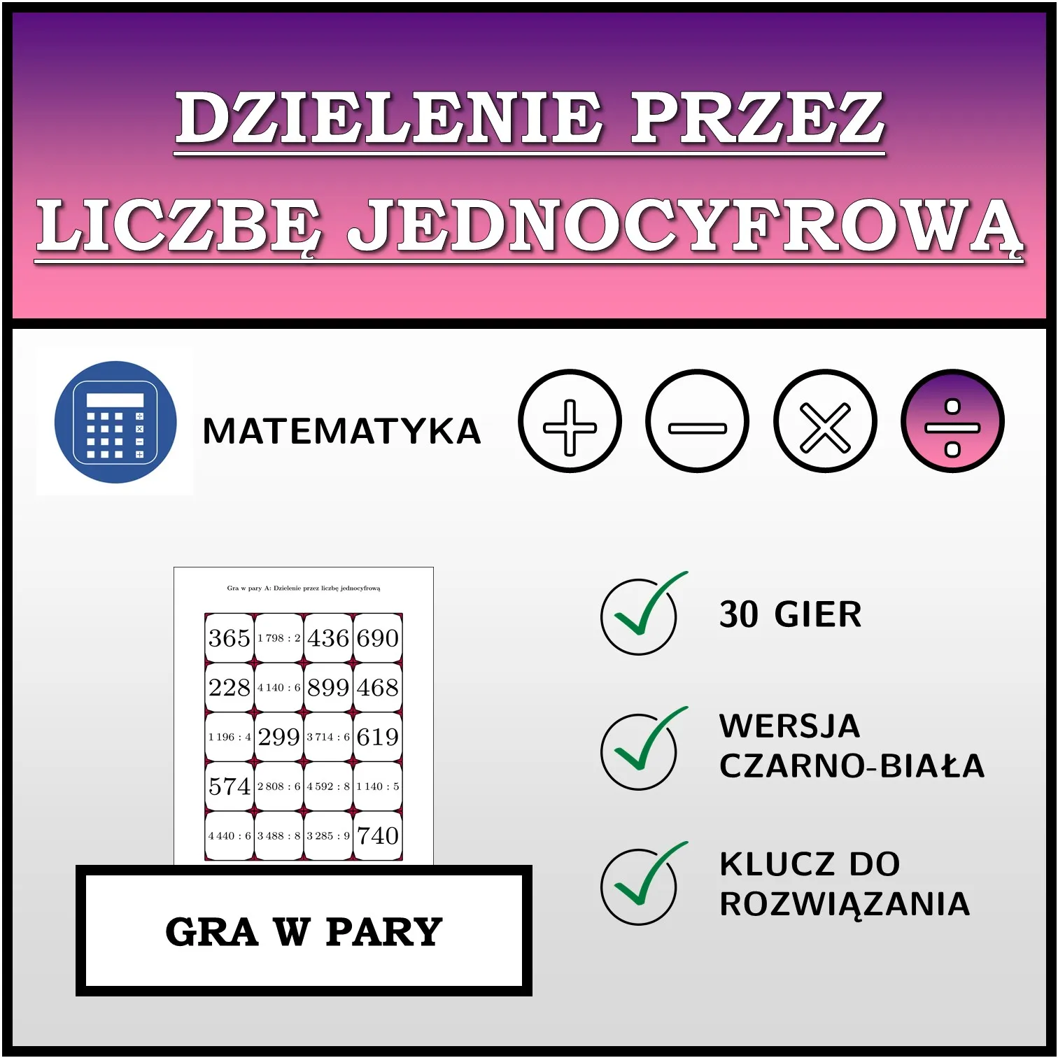 Gra w pary: Dzielenie przez liczbę jednocyfrową