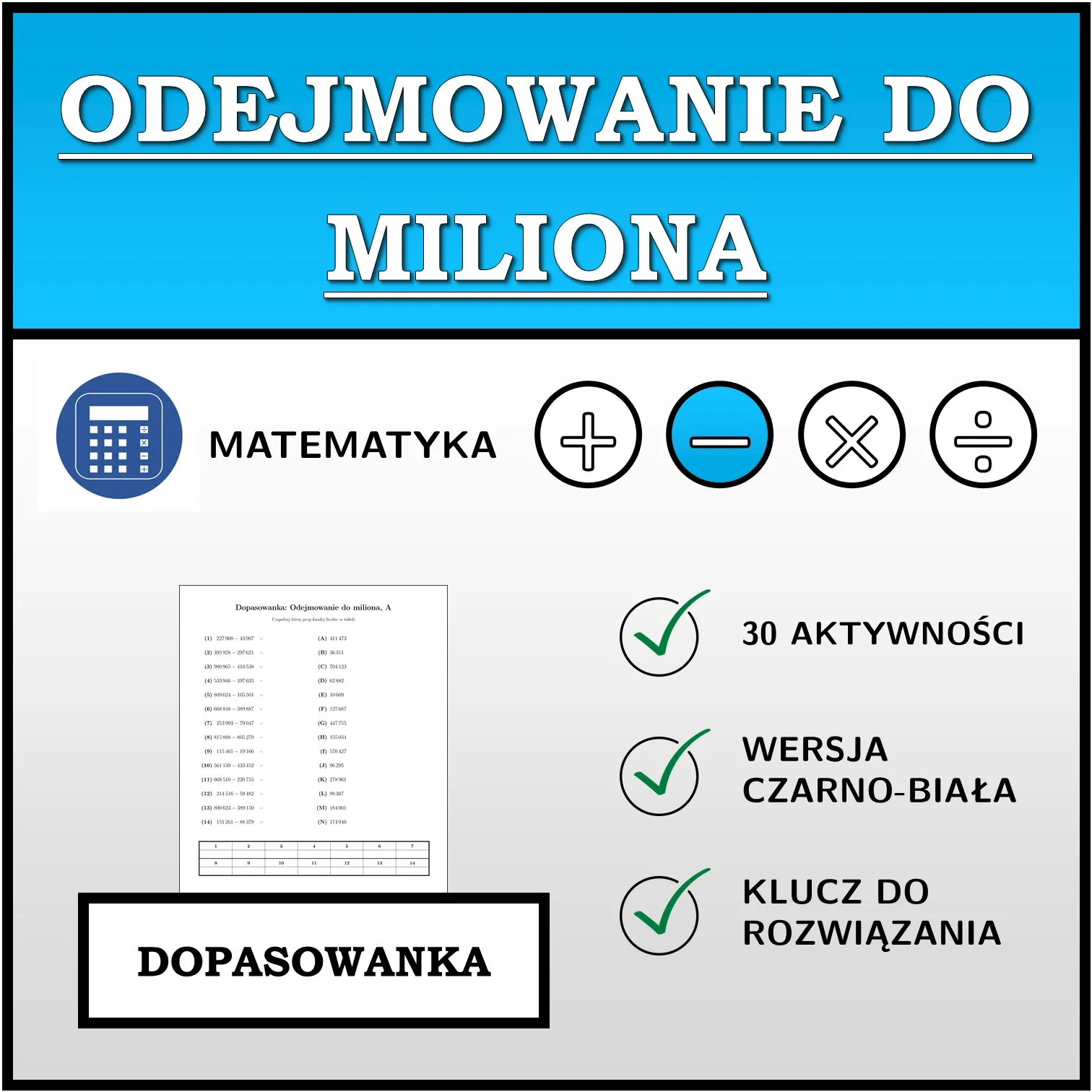 Dopasowanka: Odejmowanie do miliona