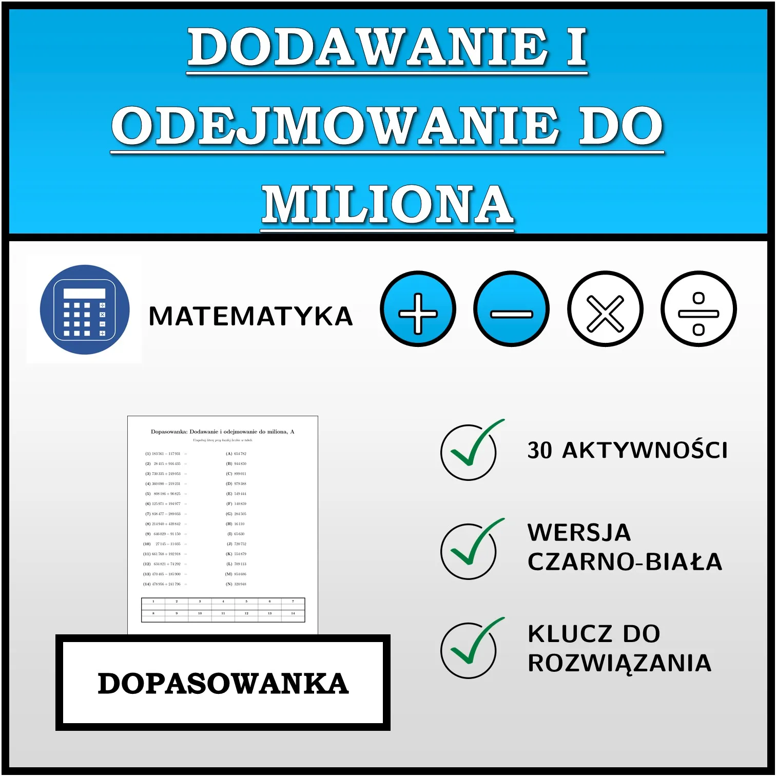 Dopasowanka: Dodawanie i odejmowanie do miliona