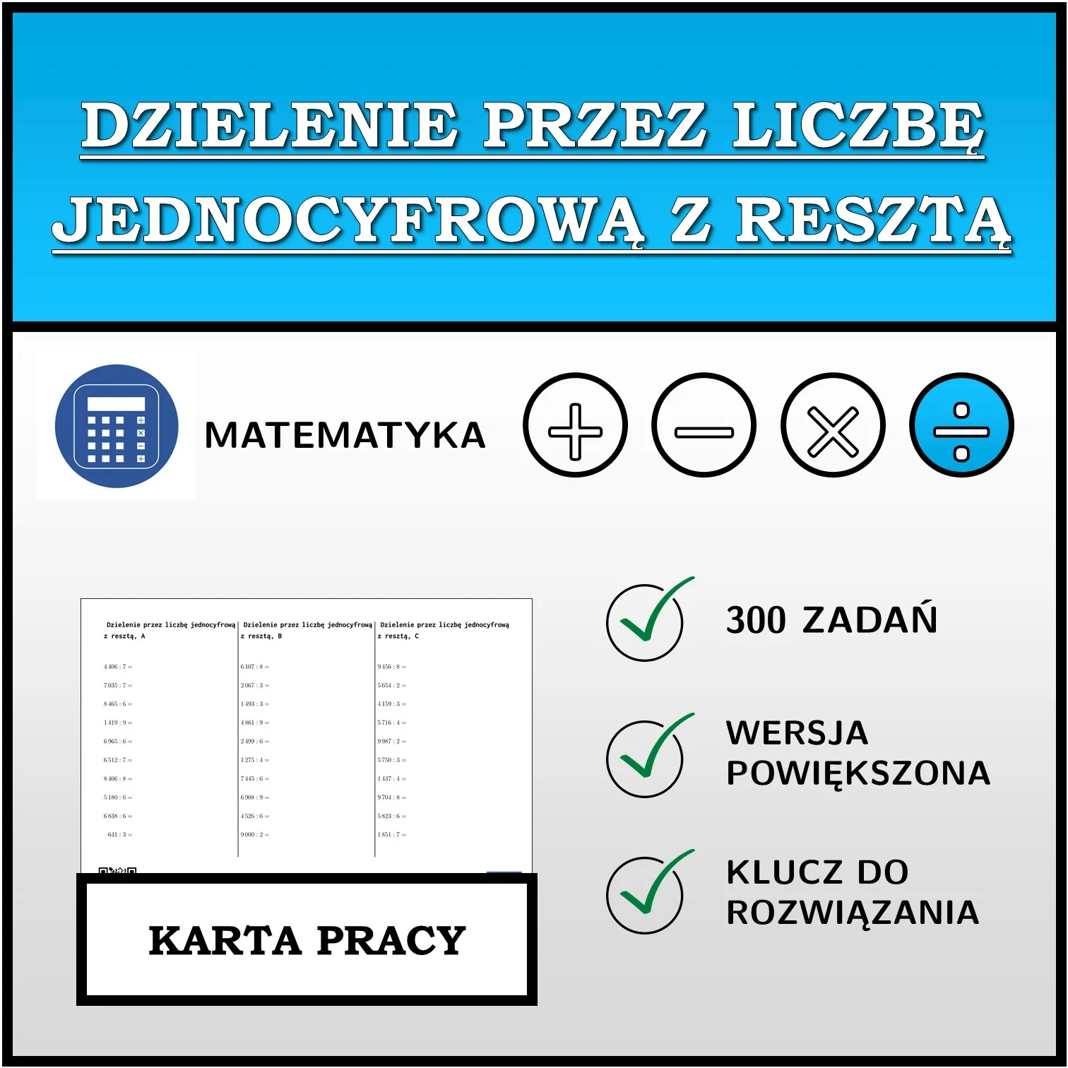 Karta pracy: Dzielenie przez liczbę jednocyfrową z resztą