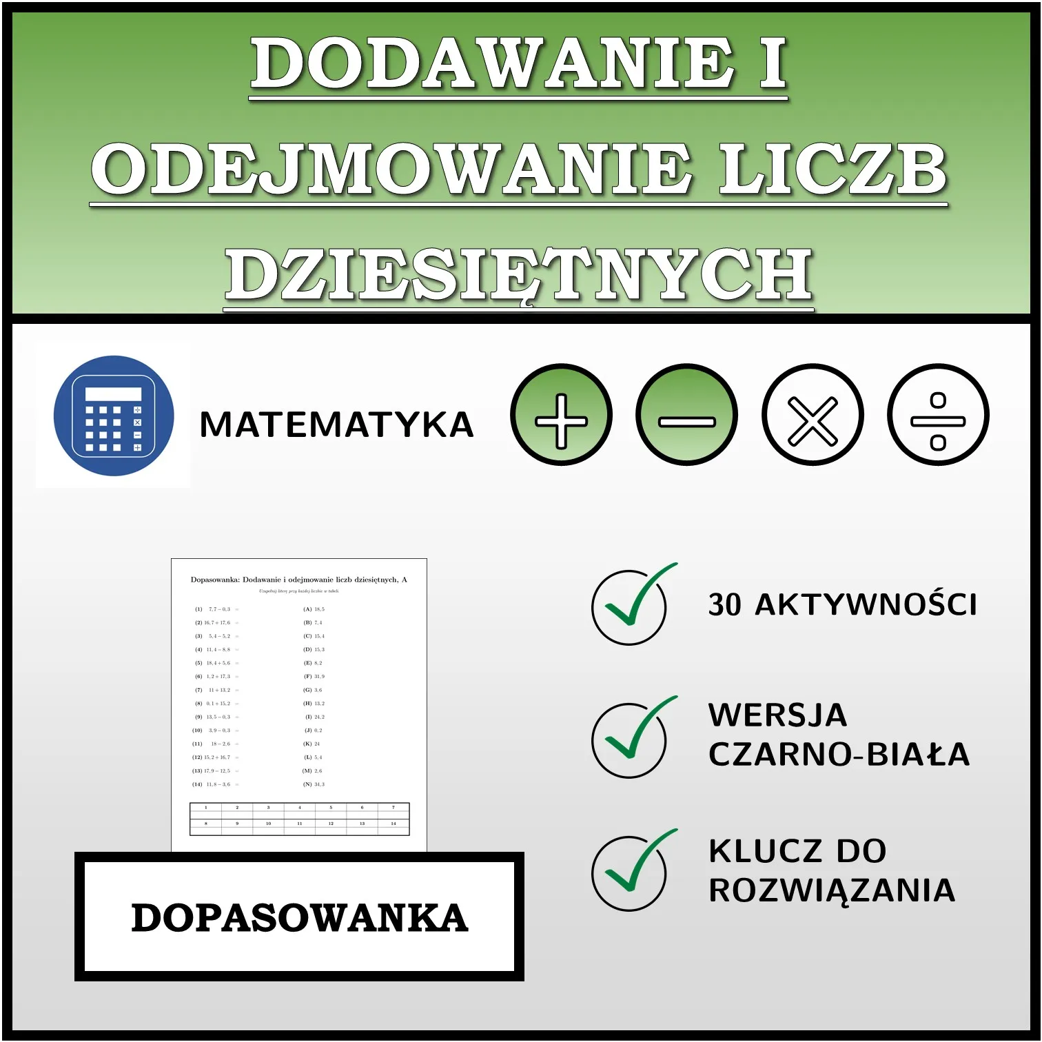 Dopasowanka: Dodawanie i odejmowanie liczb dziesiętnych