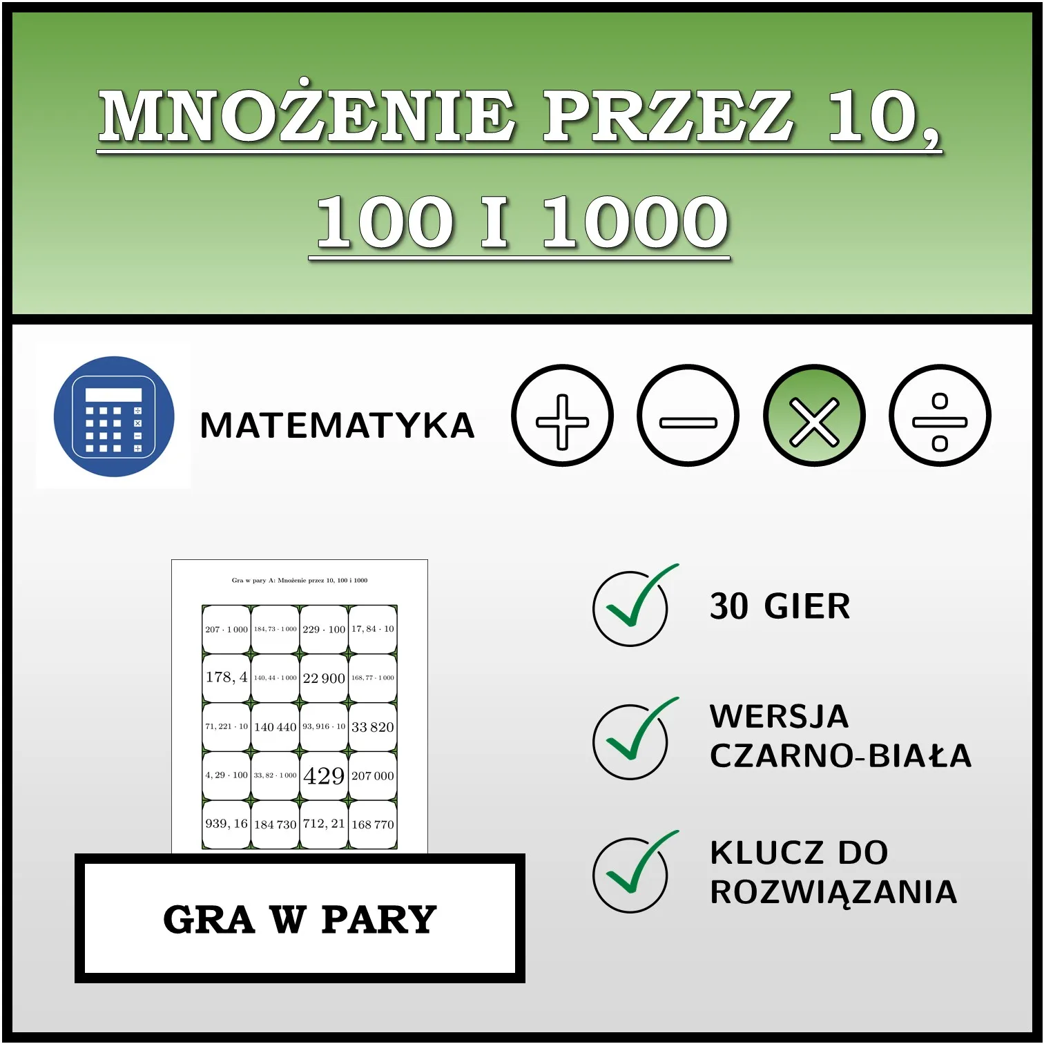 Gra w pary: Mnożenie przez 10, 100 i 1000