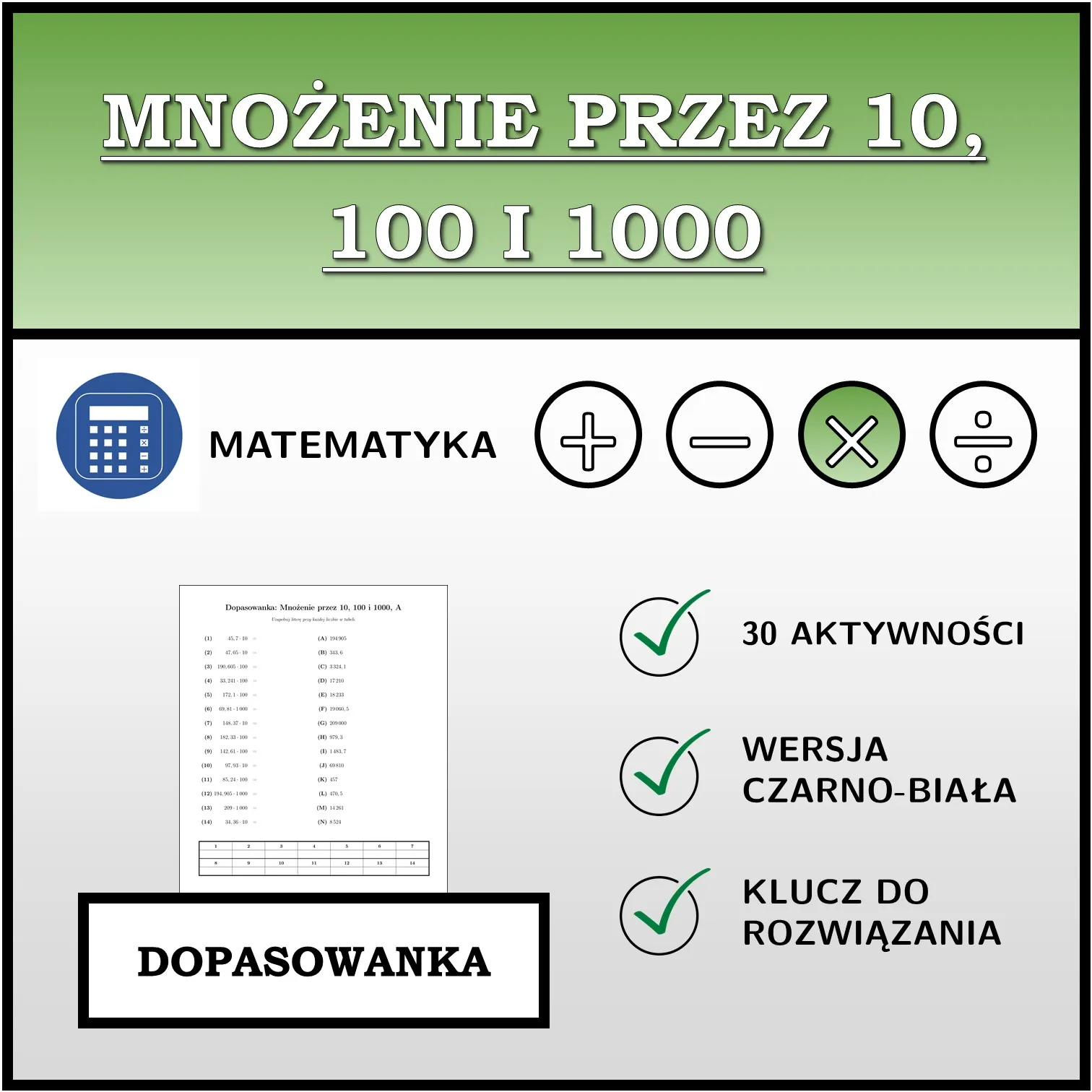 Dopasowanka: Mnożenie przez 10, 100 i 1000