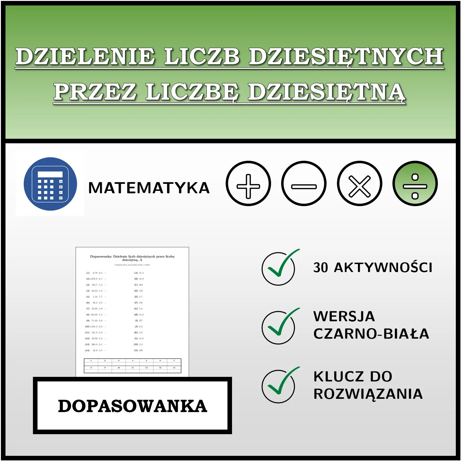 Dopasowanka: Dzielenie liczb dziesiętnych przez liczbę dziesiętną