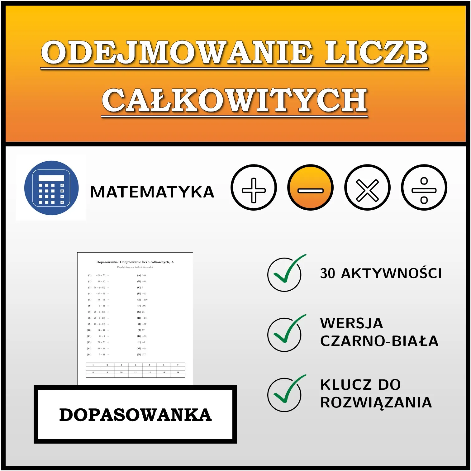 Dopasowanka: Odejmowanie liczb całkowitych