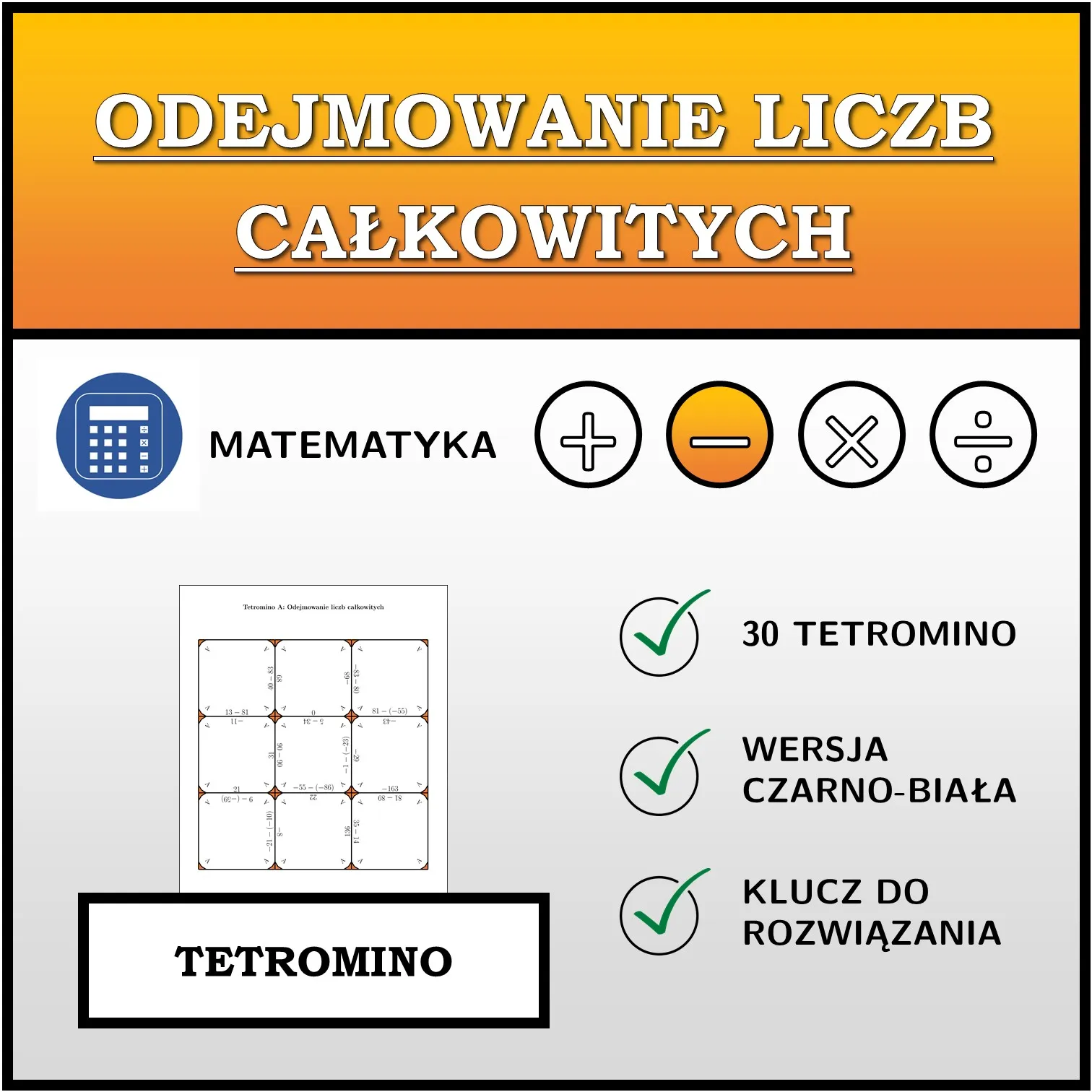 Tetromino: Odejmowanie liczb całkowitych