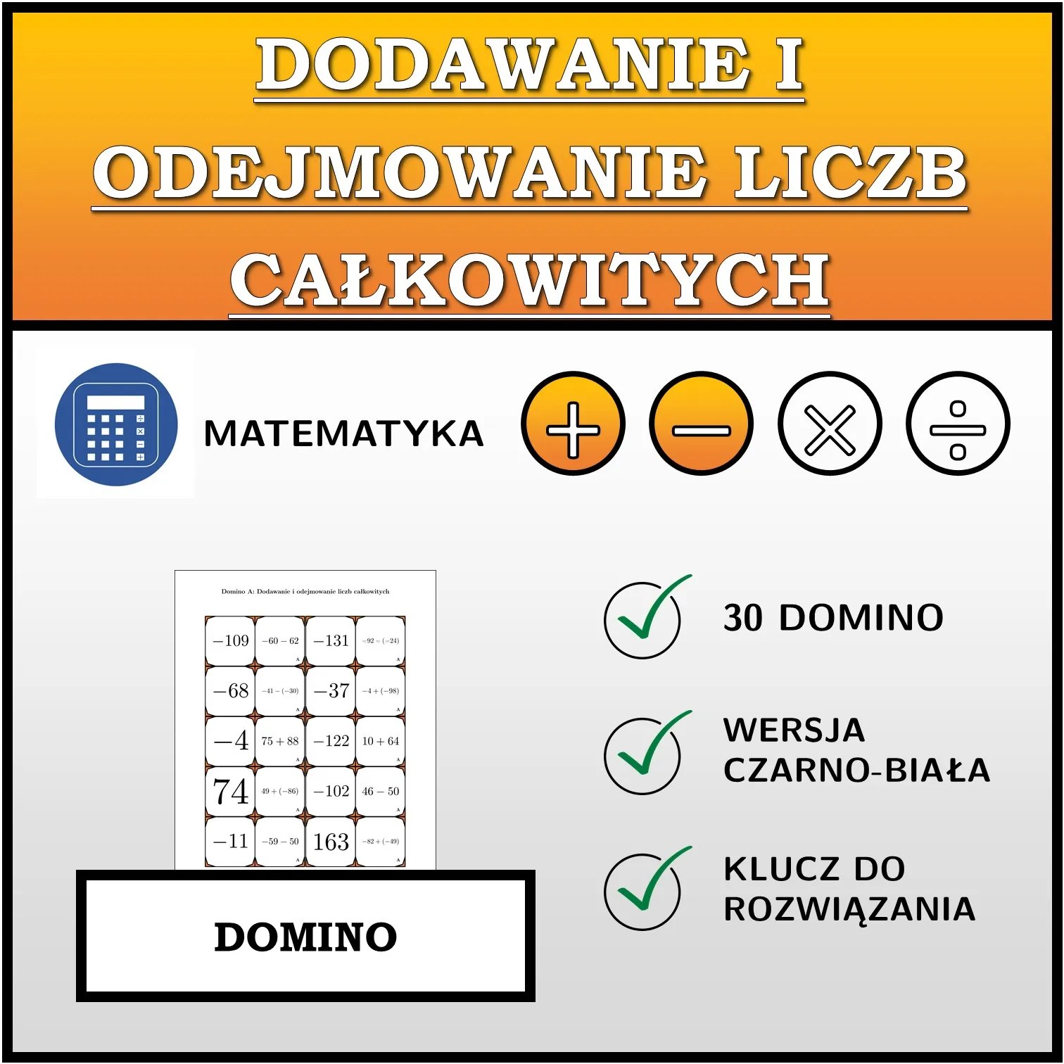 Domino: Dodawanie i odejmowanie liczb całkowitych