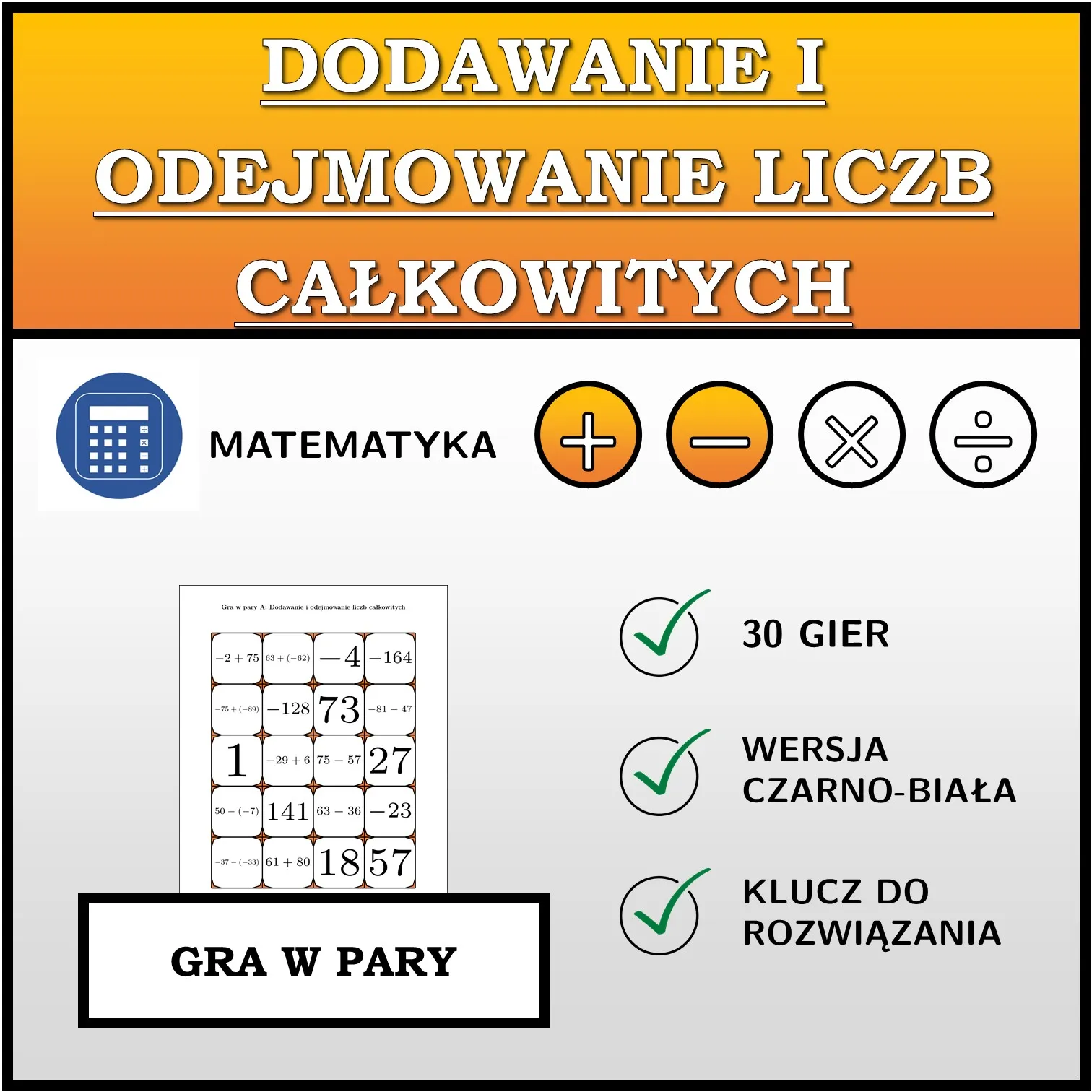 Gra w pary: Dodawanie i odejmowanie liczb całkowitych