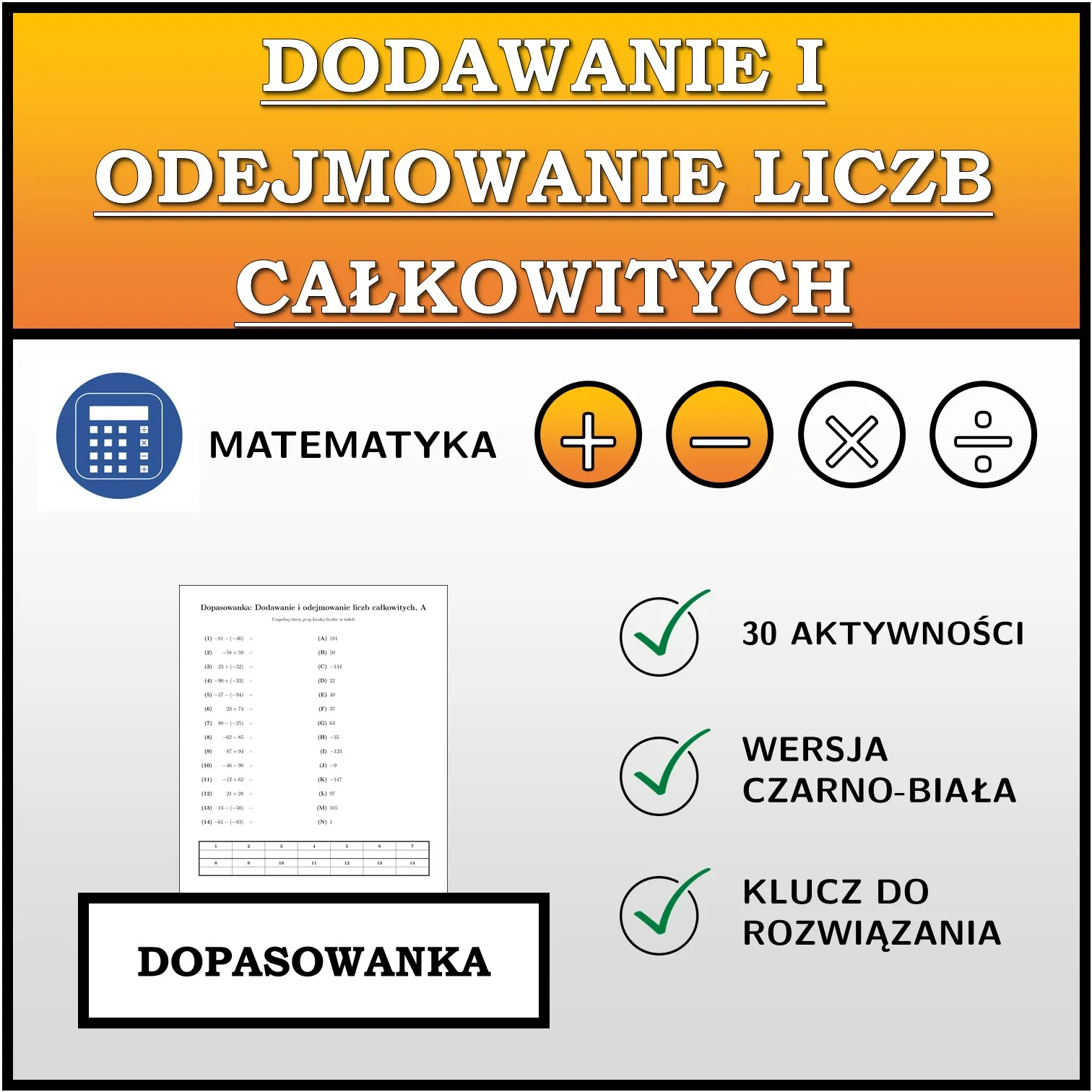 Dopasowanka: Dodawanie i odejmowanie liczb całkowitych