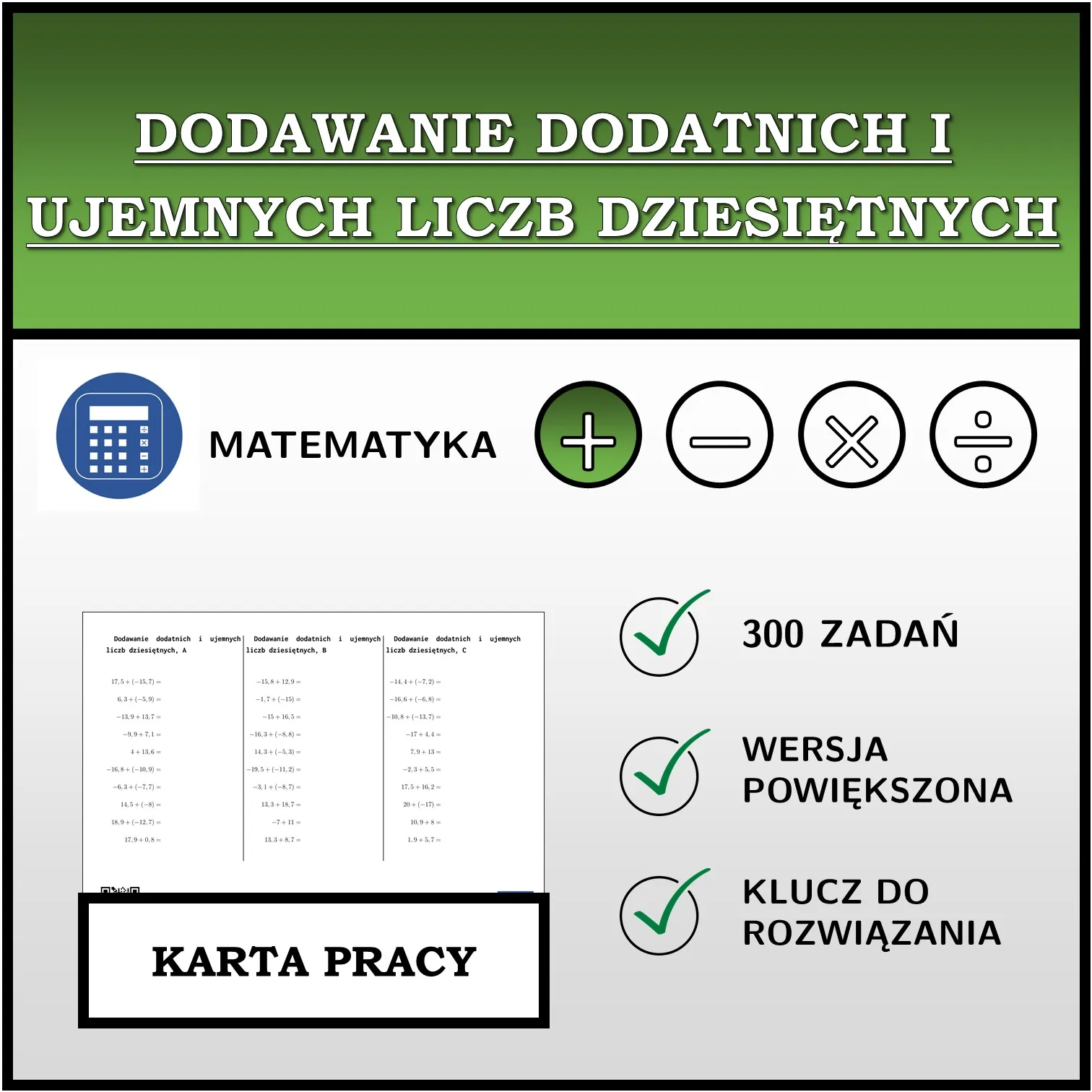 Karta pracy: Dodawanie dodatnich i ujemnych liczb dziesiętnych