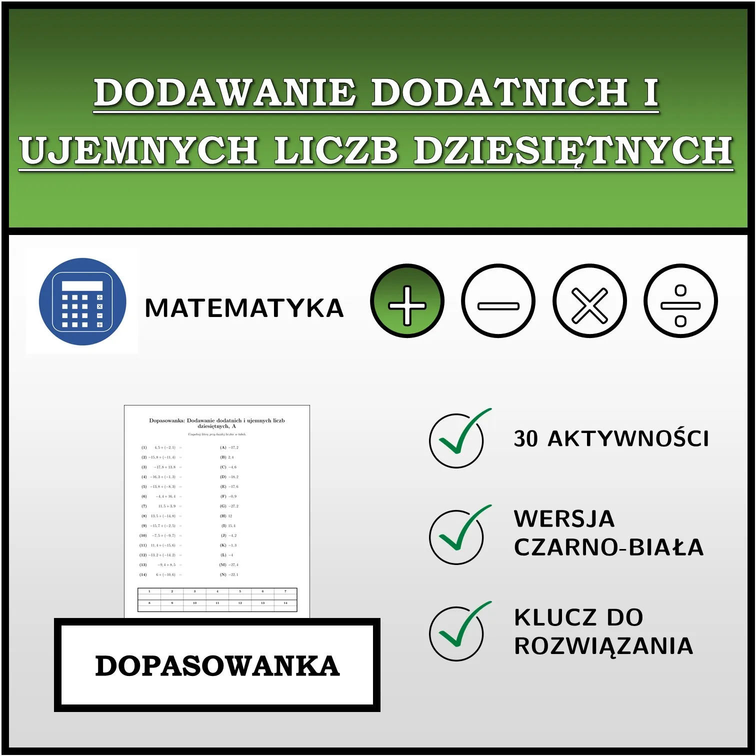 Dopasowanka: Dodawanie dodatnich i ujemnych liczb dziesiętnych