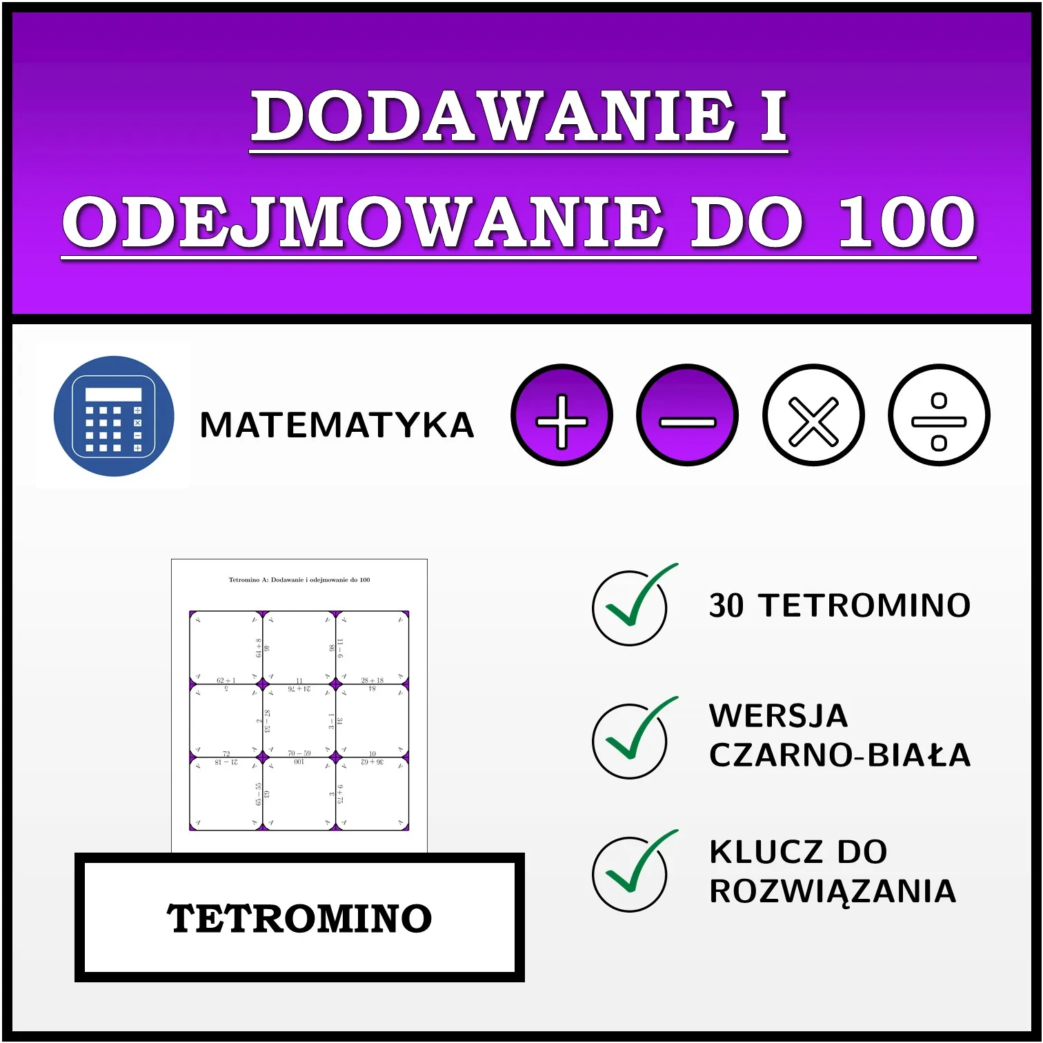 Tetromino: Dodawanie i odejmowanie do 100