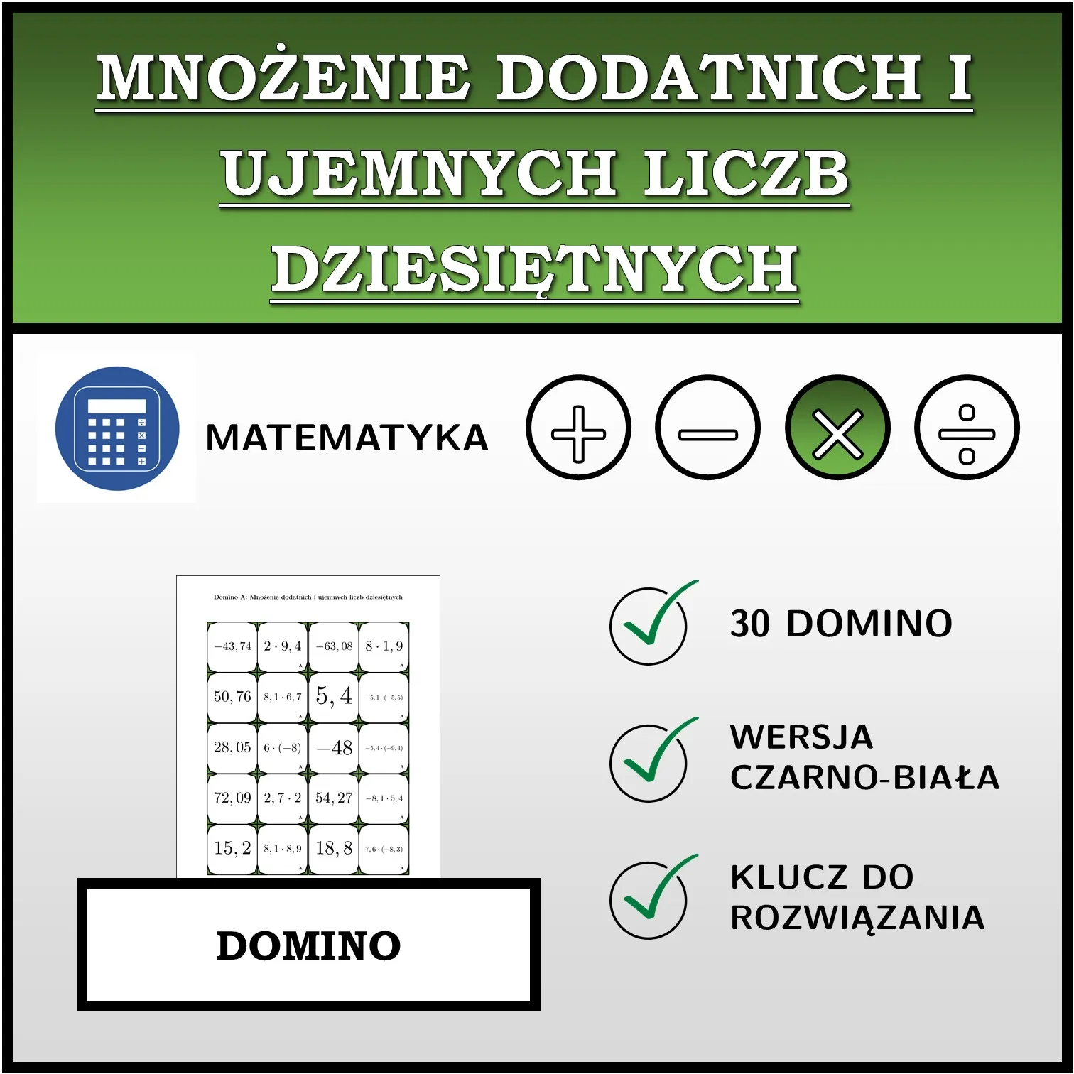 Domino: Mnożenie dodatnich i ujemnych liczb dziesiętnych