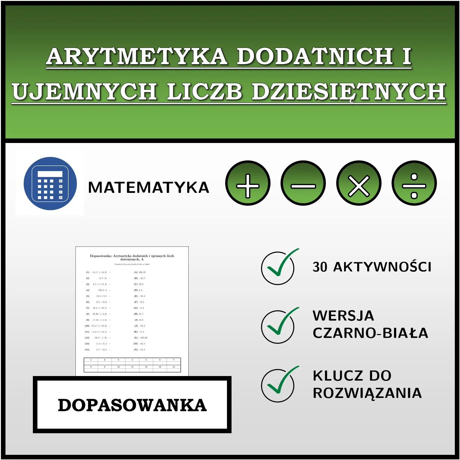 Dopasowanka: Arytmetyka dodatnich i ujemnych liczb dziesiętnych