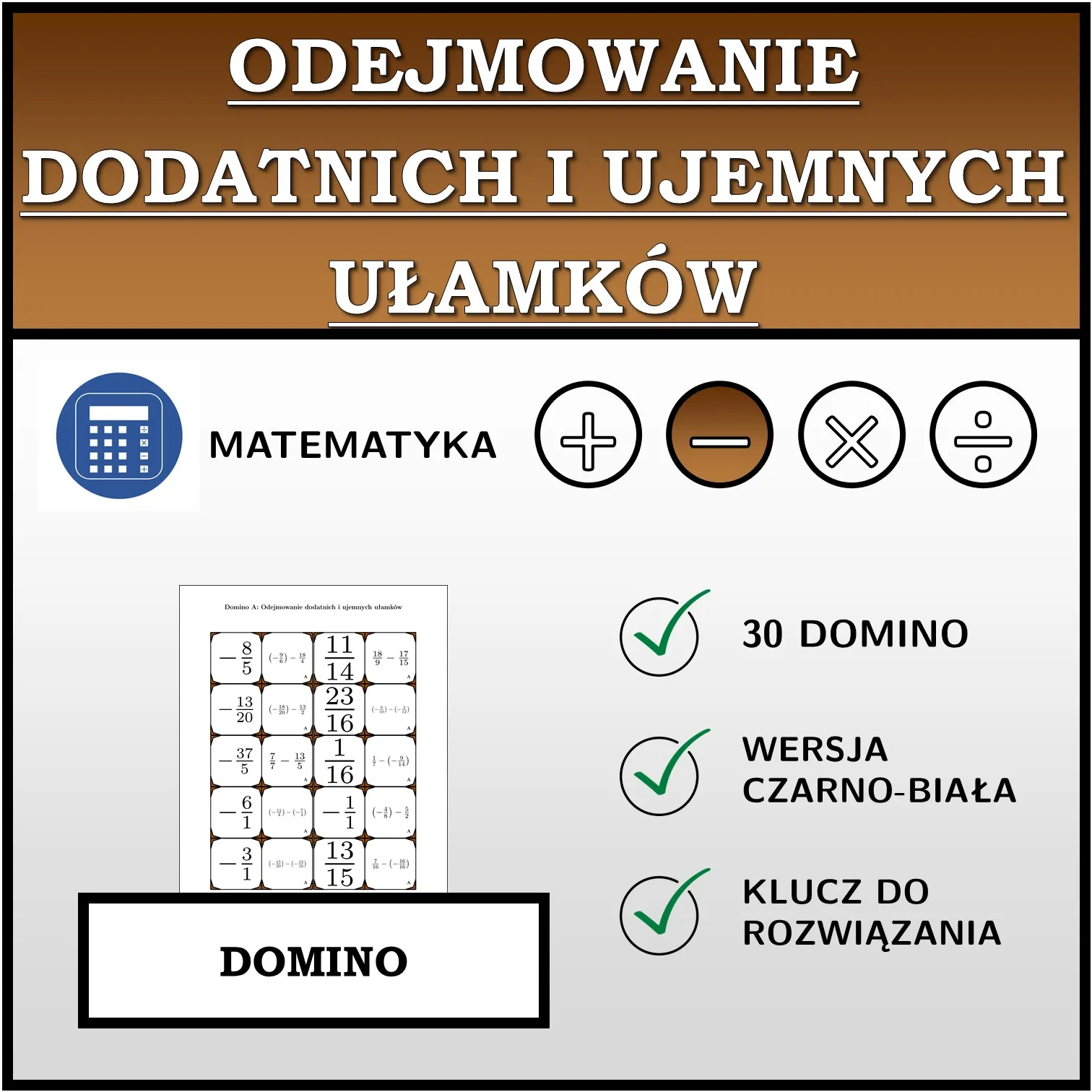 Domino: Odejmowanie dodatnich i ujemnych ułamków