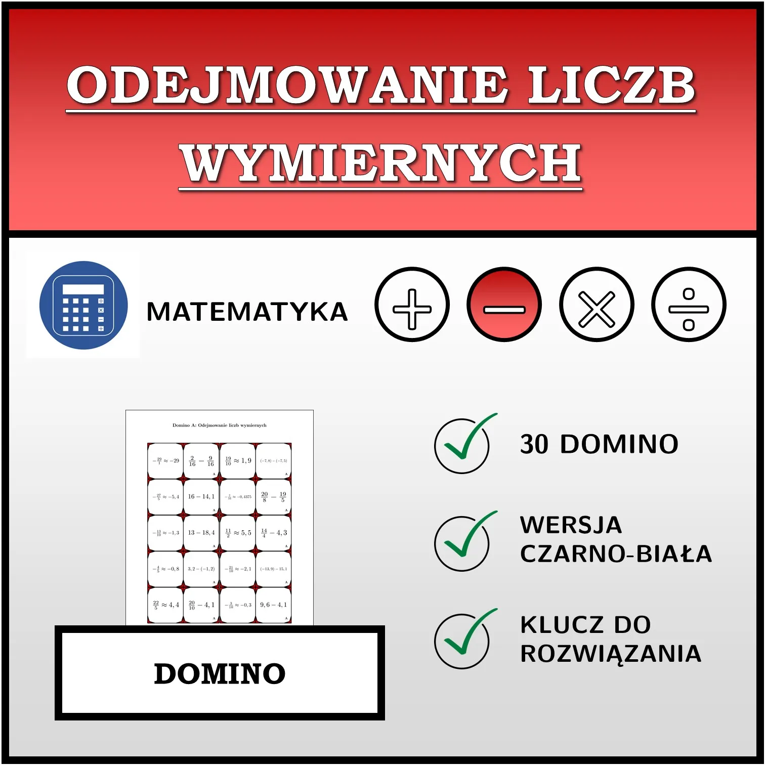 Domino: Odejmowanie liczb wymiernych