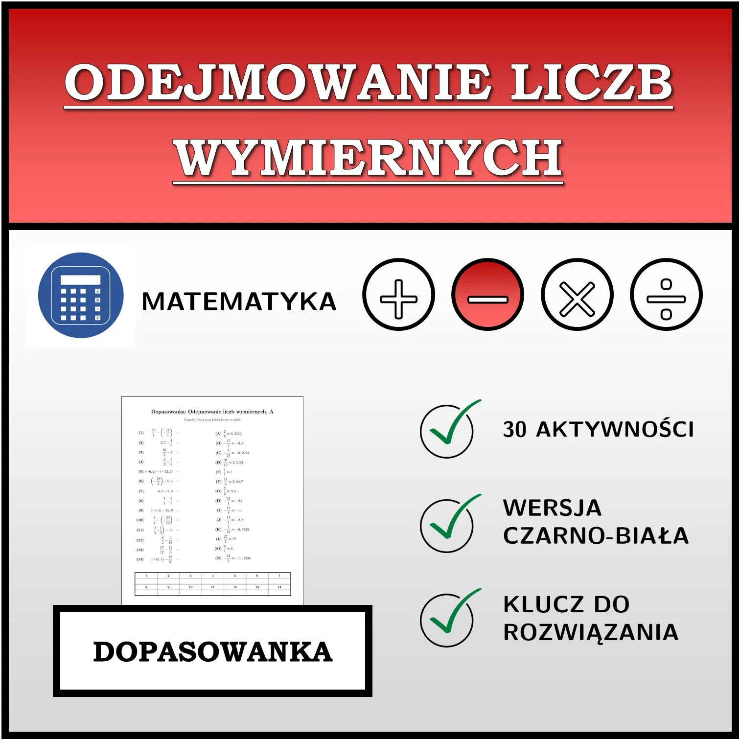 Dopasowanka: Odejmowanie liczb wymiernych