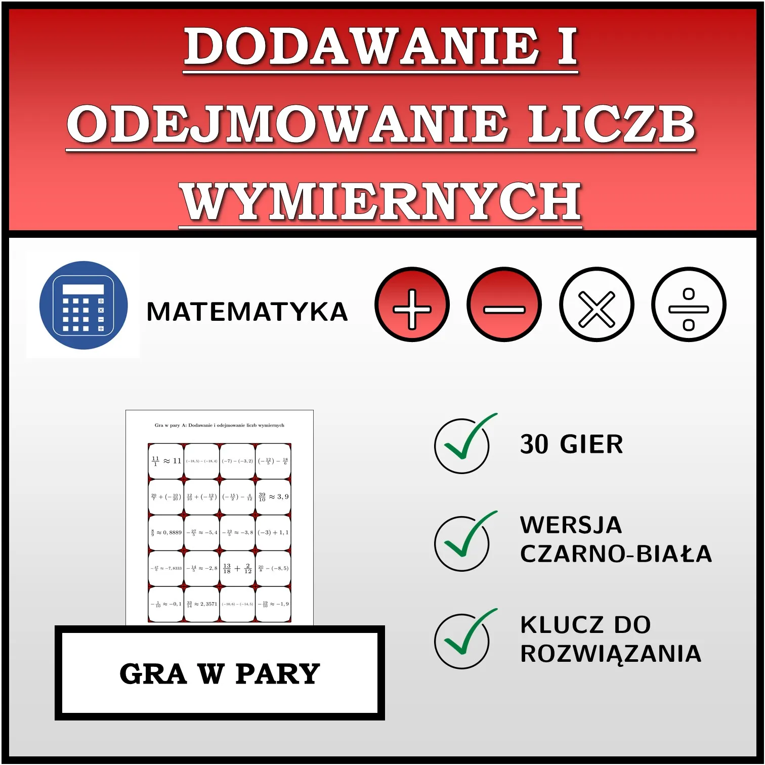 Gra w pary: Dodawanie i odejmowanie liczb wymiernych