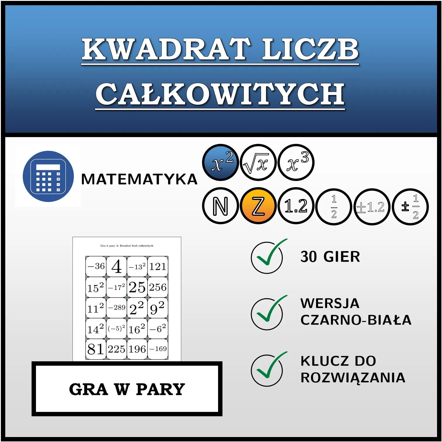 Gra w pary: Kwadrat liczb całkowitych