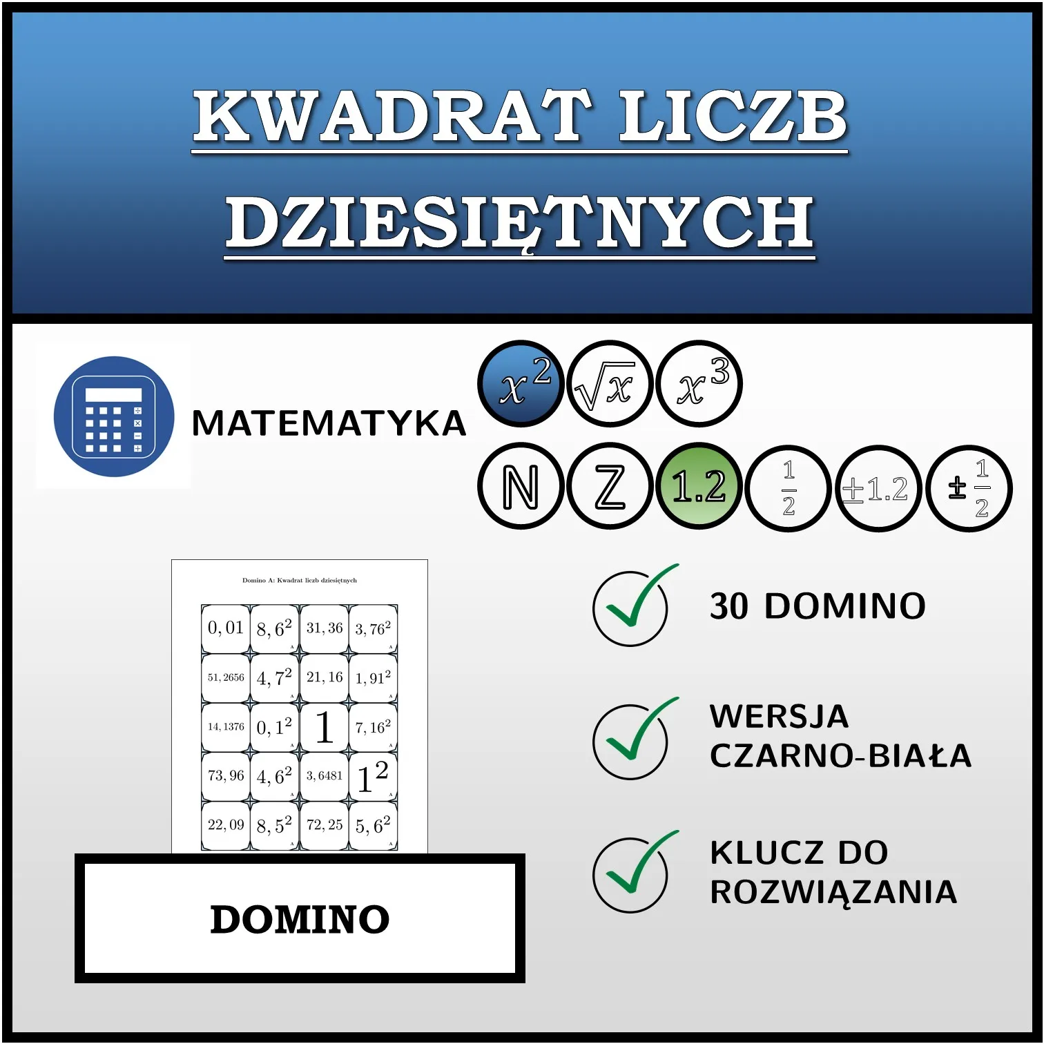 Domino: Kwadrat liczb dziesiętnych