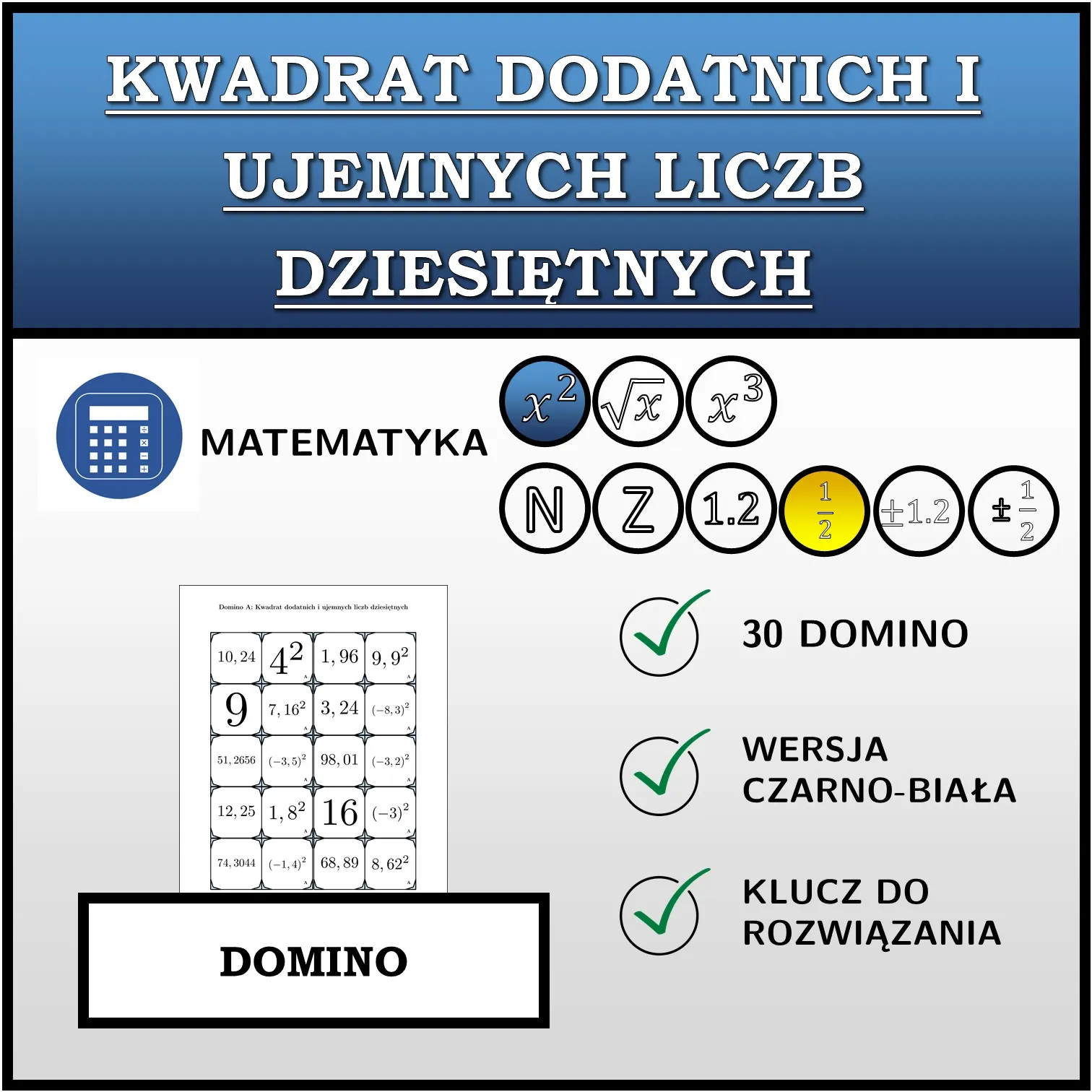 Domino: Kwadrat dodatnich i ujemnych liczb dziesiętnych