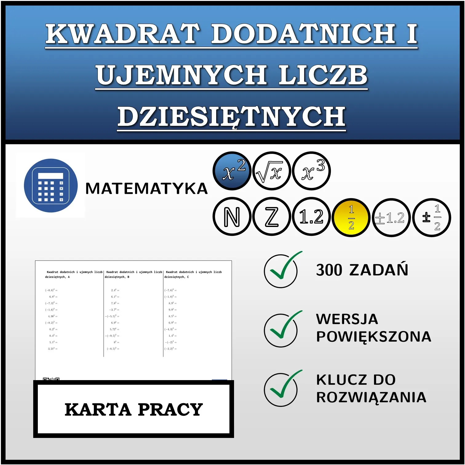 Karta pracy: Kwadrat dodatnich i ujemnych liczb dziesiętnych