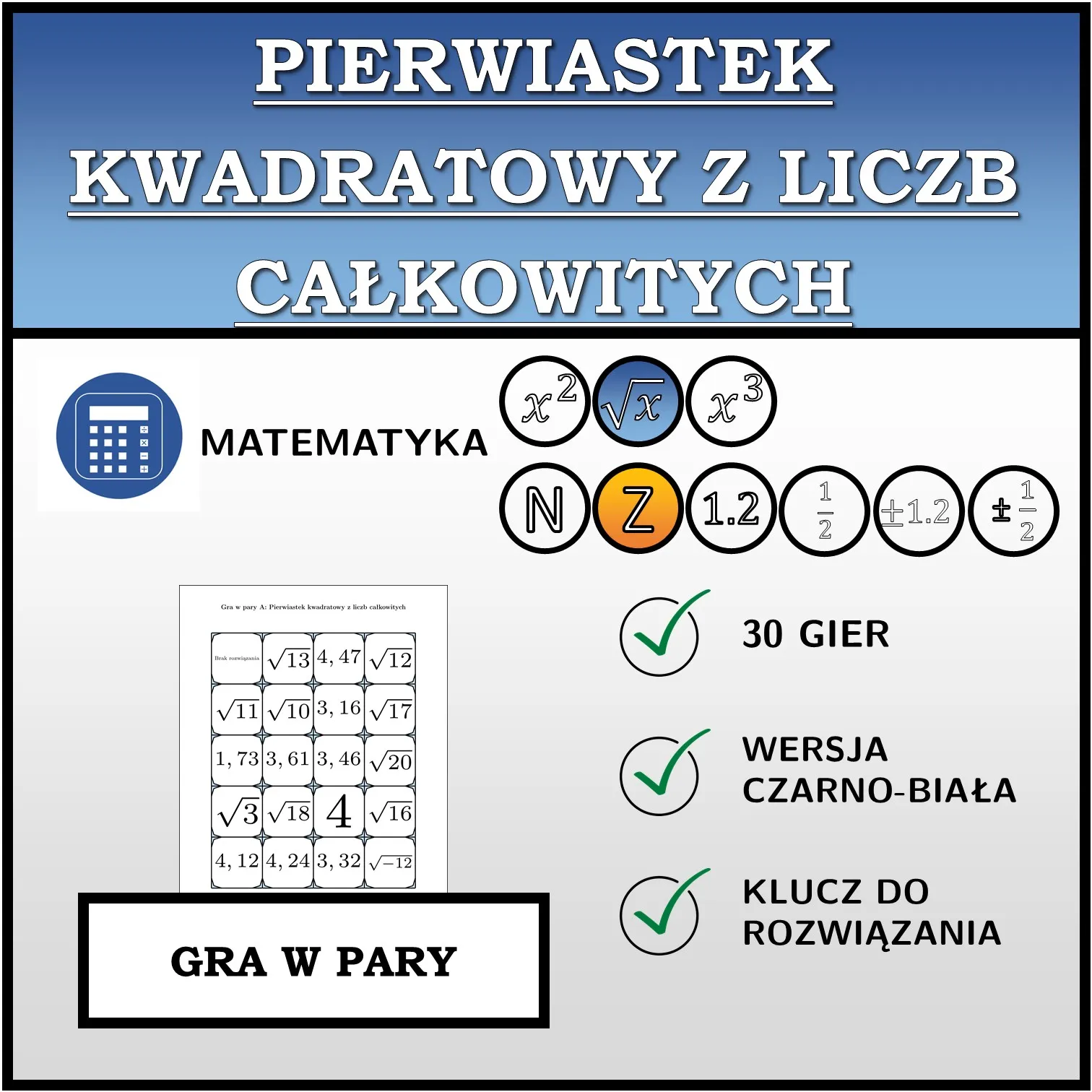 Gra w pary: Pierwiastek kwadratowy z liczb całkowitych