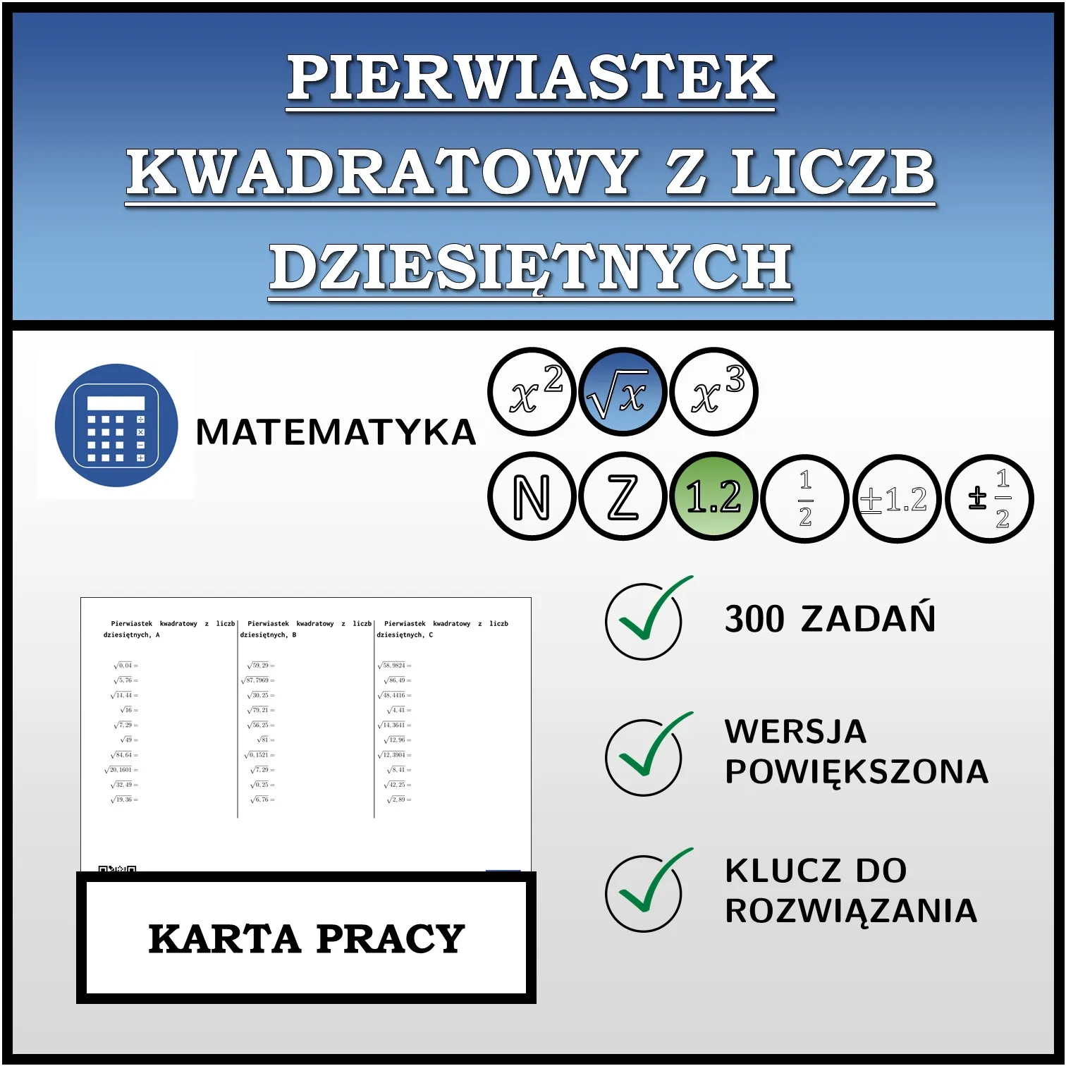 Karta pracy: Pierwiastek kwadratowy z liczb dziesiętnych