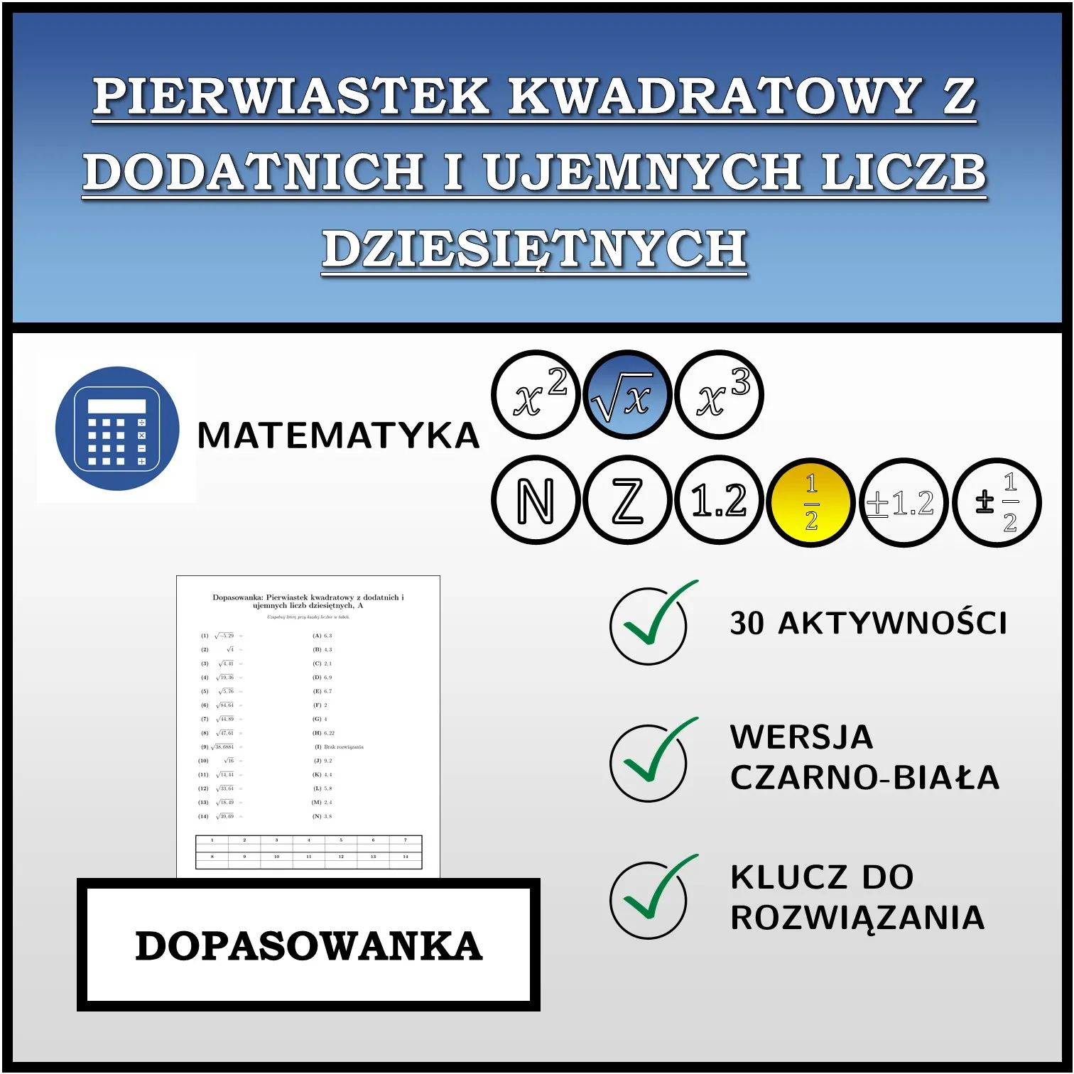 Dopasowanka: Pierwiastek kwadratowy z dodatnich i ujemnych liczb dziesiętnych