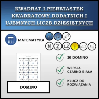 Domino: Kwadrat i pierwiastek kwadratowy dodatnich i ujemnych liczb dziesiętnych